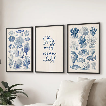 Coastal Sea Life Prints. Blue Sea Shells and Fish Print Set
