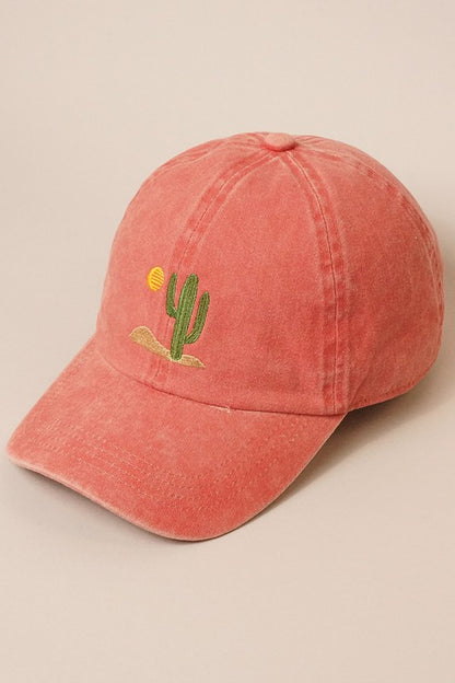 Cactus Embroidery Washed Baseball Cap (Burnt Orange)
