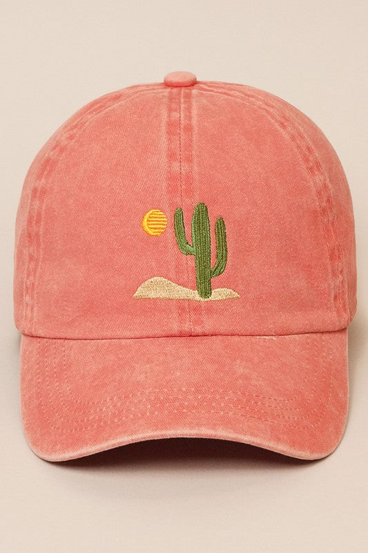 Cactus Embroidery Washed Baseball Cap (Burnt Orange)