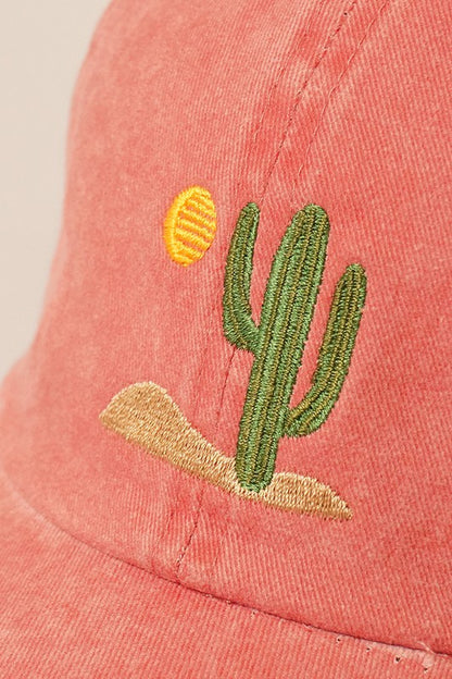 Cactus Embroidery Washed Baseball Cap (Burnt Orange)