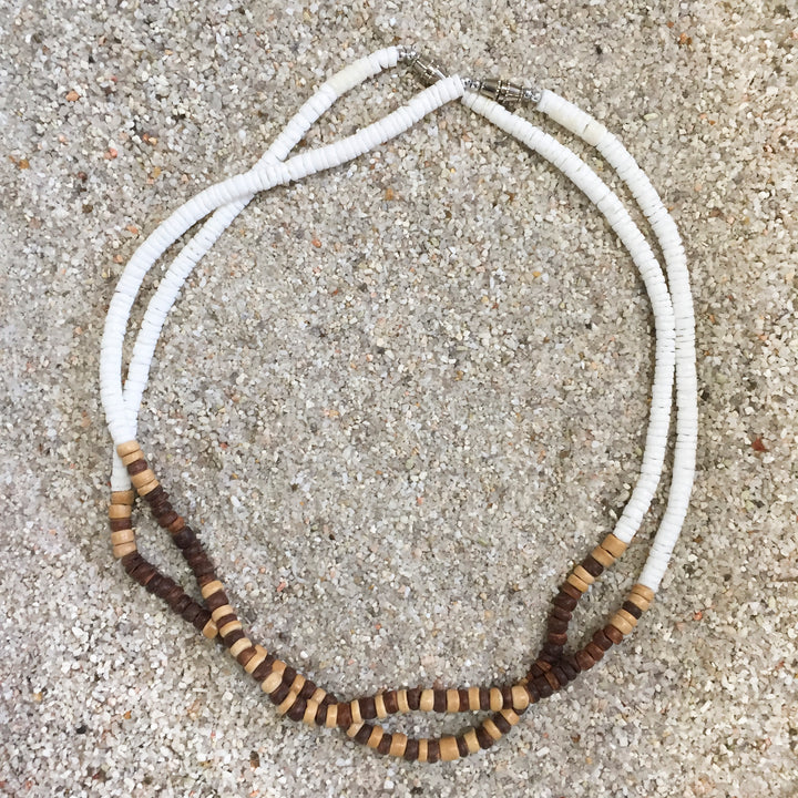 Clam Rose Shell & Coco Heishi Bead Necklace 18" (Brown/Beige)