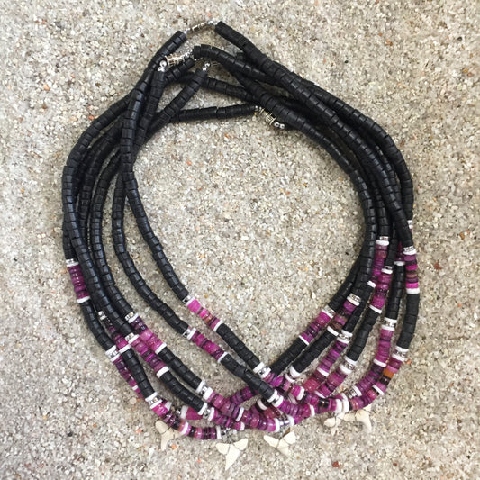 Coco Bead Shell Necklace with Shark Tooth 18" (Pink/Purple)