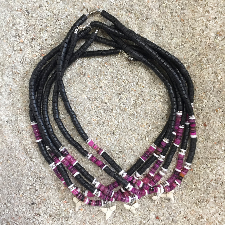 Coco Bead Shell Necklace with Shark Tooth 18" (Pink/Purple)