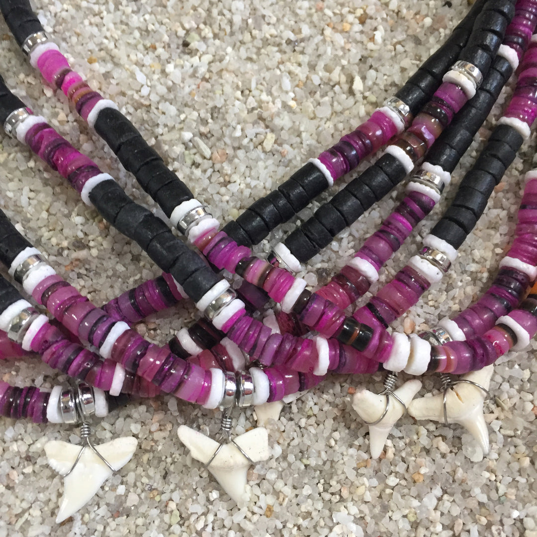 Coco Bead Shell Necklace with Shark Tooth 18" (Pink/Purple)