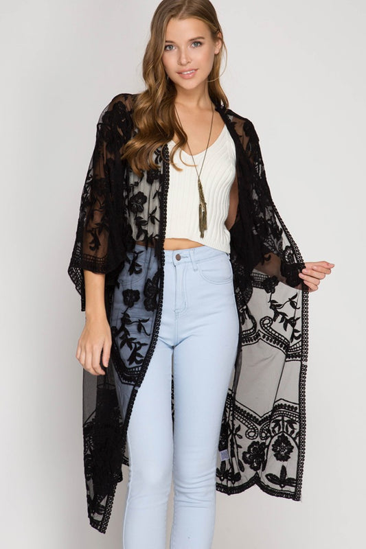 Half-Sleeve Crochet Lace Midi Kimono (Black)