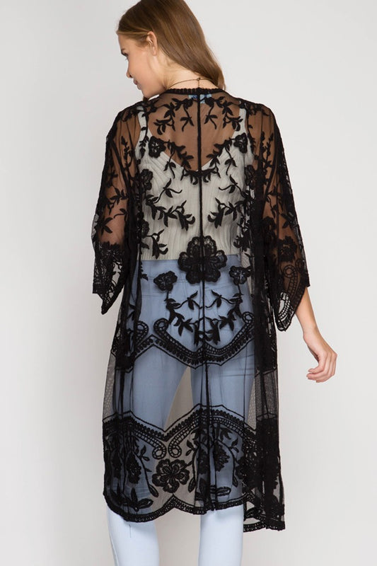 Half-Sleeve Crochet Lace Midi Kimono (Black)