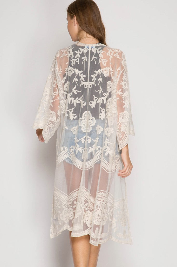 Half-Sleeve Crochet Lace Midi Kimono - Cream