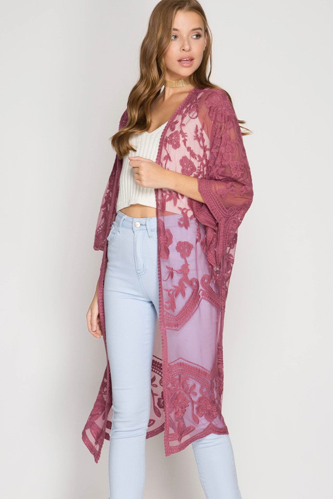 Half-Sleeve Crochet Lace Midi Kimono - Mauve