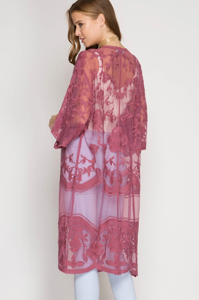 Half-Sleeve Crochet Lace Midi Kimono - Mauve