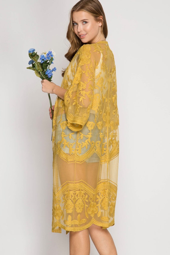 Half-Sleeve Crochet Lace Midi Kimono - Mustard Yellow