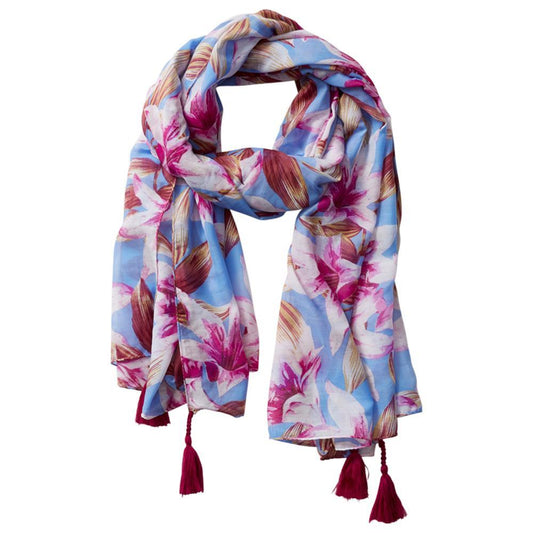 Anvi Tropical Floral Tassel Scarf (Blue)