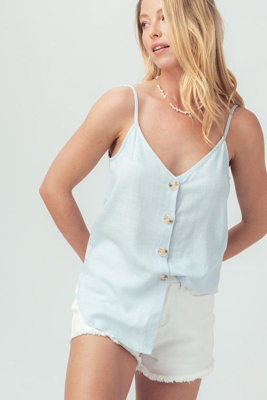 Linen Solid Adjusted Strap Coconut Button Cami (Blue)