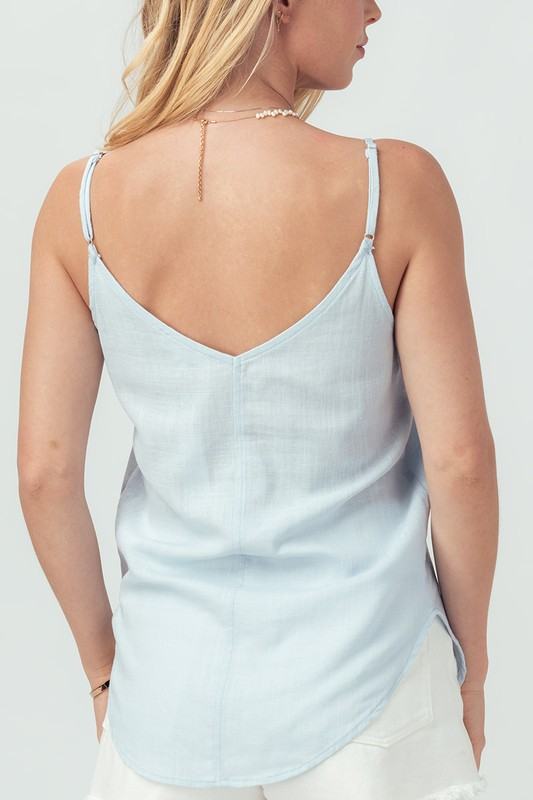 Linen Solid Adjusted Strap Coconut Button Cami (Blue)