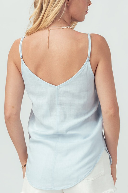 Linen Solid Adjusted Strap Coconut Button Cami (Blue)