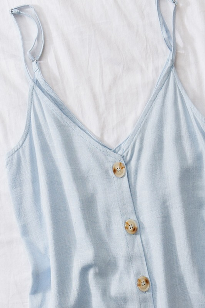 Linen Solid Adjusted Strap Coconut Button Cami (Blue)
