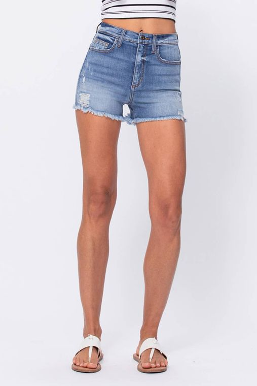 Distressed High Rise Shorts with Fray Hem