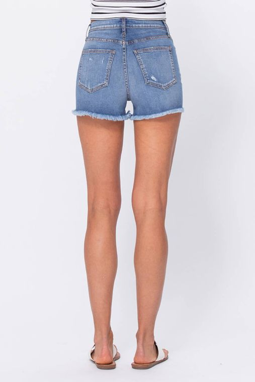 Distressed High Rise Shorts with Fray Hem