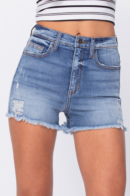 Distressed High Rise Shorts with Fray Hem