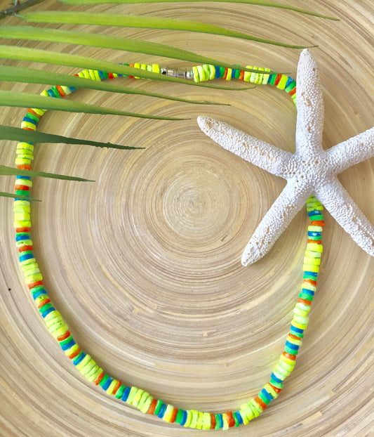 Neon Heishi Bead Necklace 18" (Lime/Blue/Orange)