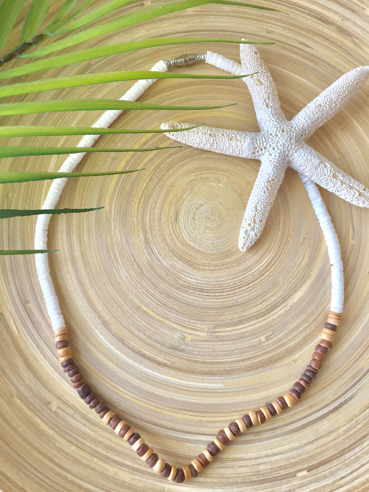 Clam Rose Shell & Coco Heishi Bead Necklace 18" (Brown/Beige)