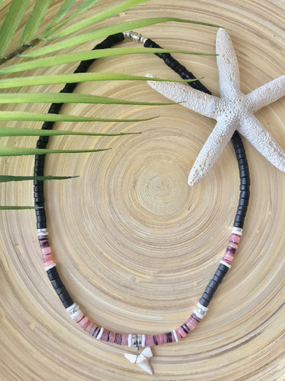 Coco Bead Shell Necklace with Shark Tooth (Pink/Purple)