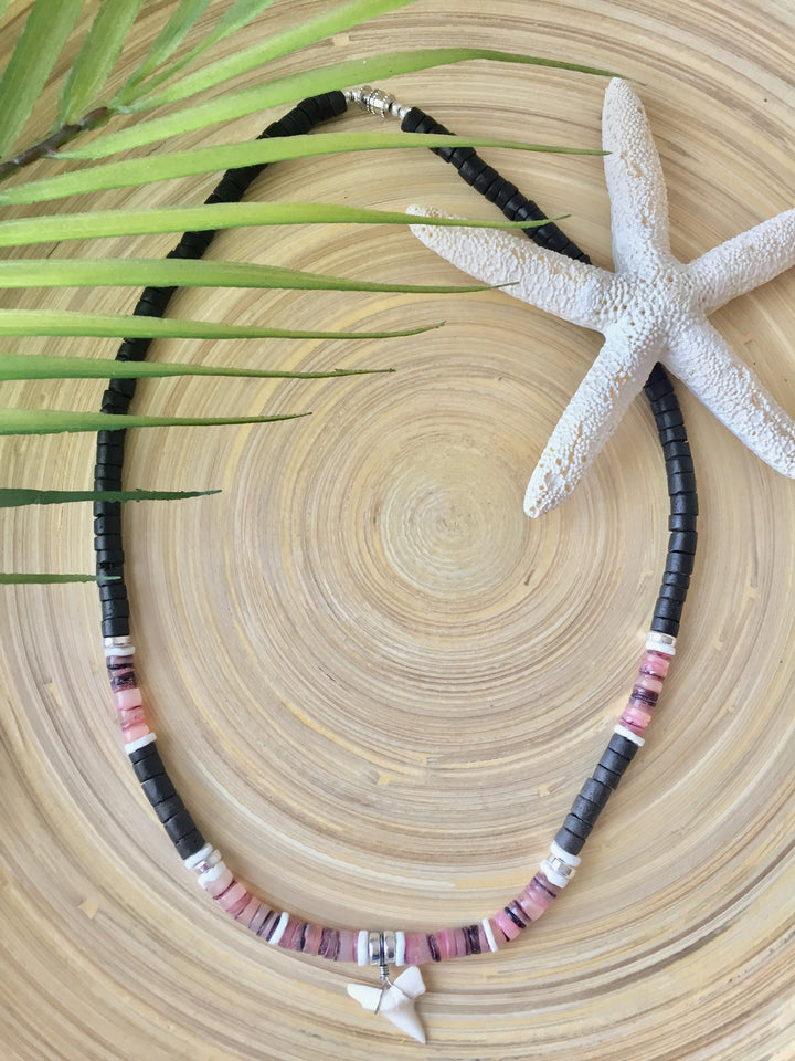 Coco Bead Shell Necklace with Shark Tooth (Pink/Purple)