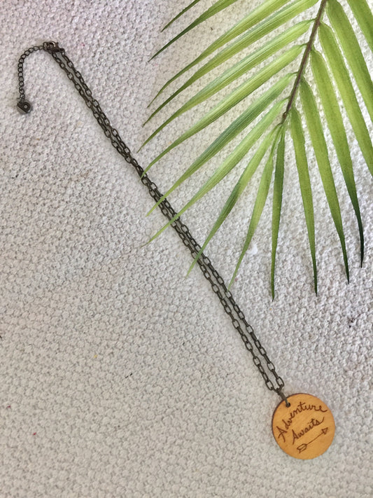 "Adventure Awaits" Wood Necklace