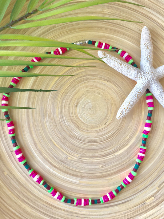 Neon Heishi Bead Necklace 18" (Green/Pink)