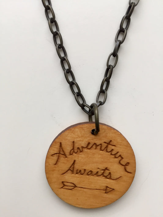"Adventure Awaits" Wood Necklace