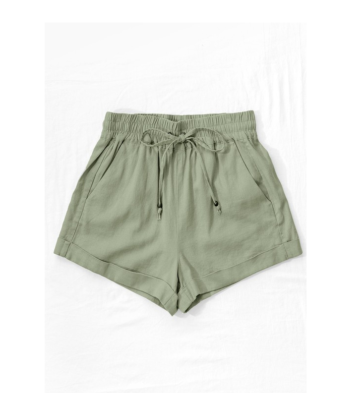 Linen Waistband Shorts with String Tie (Light Olive)