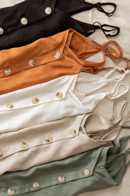 Linen Solid Adjusted Strap Coconut Button Cami