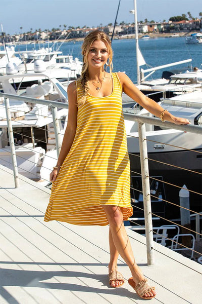 Flowy Soft Striped Hi Low Summer Dress (Mustard)