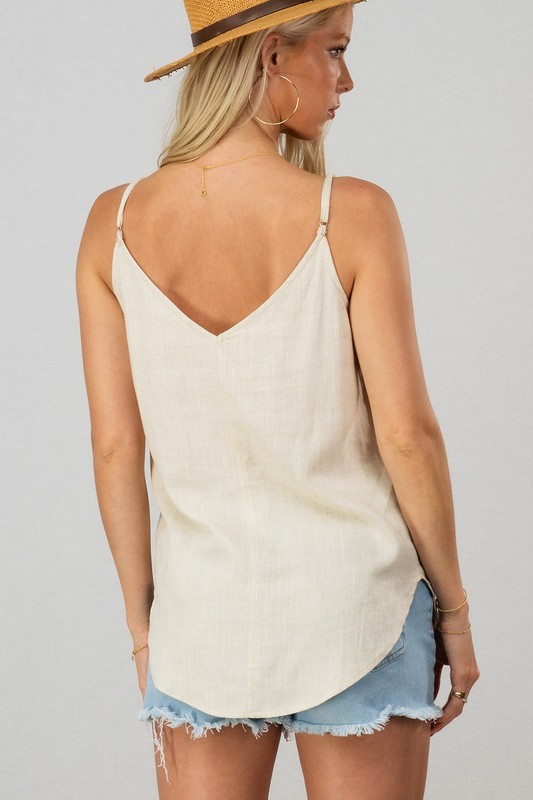 Linen Solid Adjusted Strap Coconut Button Cami (Oatmeal)