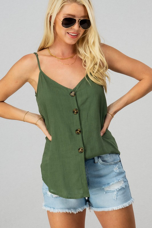 Linen Solid Adjusted Strap Coconut Button Cami (Olive)