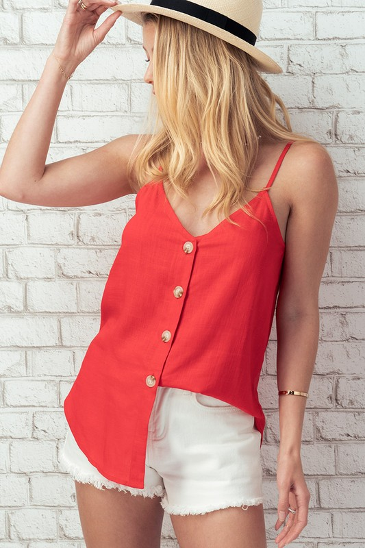 Linen Solid Adjusted Strap Coconut Button Cami (Red)