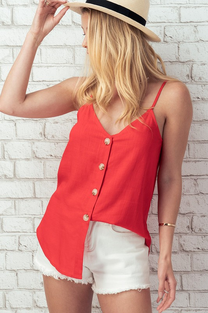 Linen Solid Adjusted Strap Coconut Button Cami (Red)