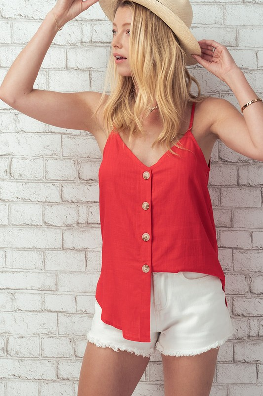 Linen Solid Adjusted Strap Coconut Button Cami (Red)