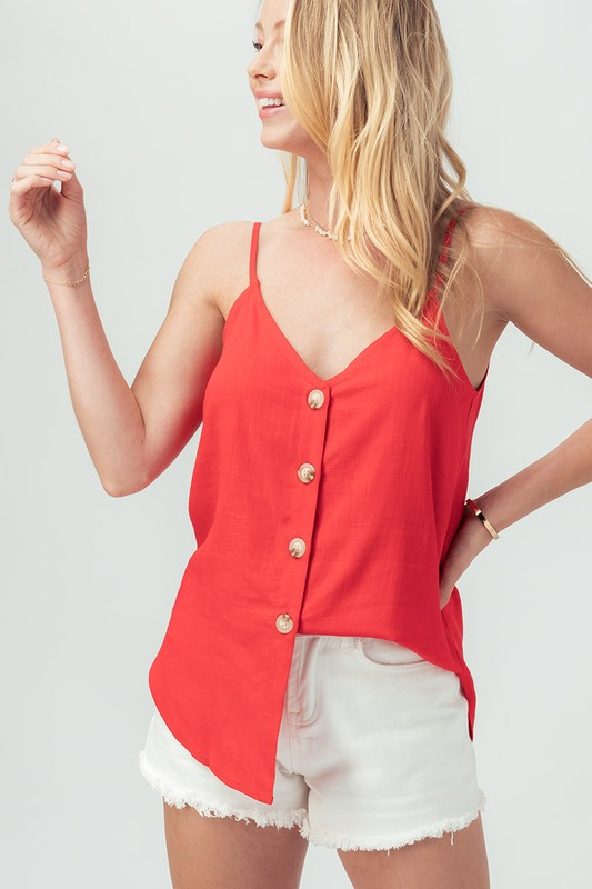 Linen Solid Adjusted Strap Coconut Button Cami (Red)
