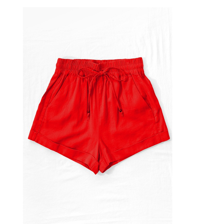 Linen Waistband Shorts with String Tie (Red)