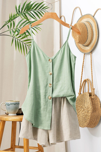 Linen Solid Adjusted Strap Coconut Button Cami (Sage)